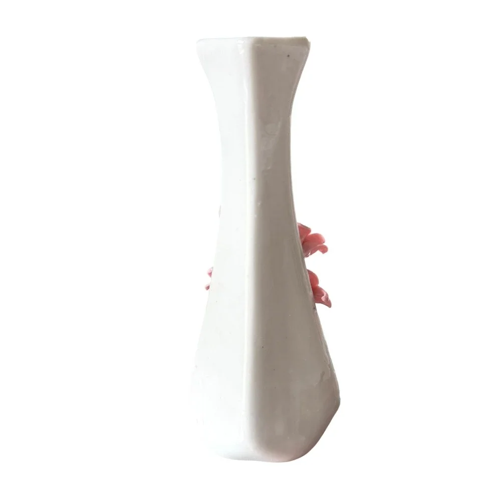 Vintage White Porcelain Bud Vase 3D Pink Floral Applied Design 7.25 Inch